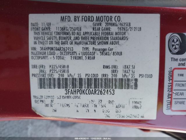 2010 FORD FUSION 3FAHP0KC0AR262453 Photo 8