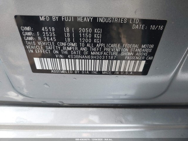 4S3BNAN69H3031187 Subaru Legacy 2.5i Limited