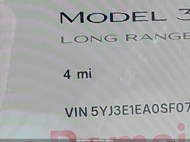 43828340 :رقم المزاد ، 5YJ3E1EA0SF075825 vin ، 2025 Tesla Model 3 Long Range Rear-wheel Drive/standard Rear-wheel Drive مزاد بيع