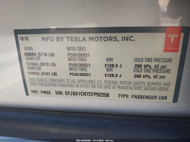 2012 TESLA MODEL S 5YJSA1CN7CFP02258 Photo 8