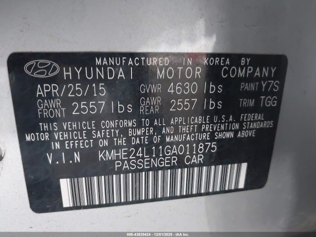 2016 Hyundai Sonata Hybrid Se მანქანა იყიდება აუქციონზე, vin: KMHE24L11GA011875, აუქციონის ნომერი: 43828424