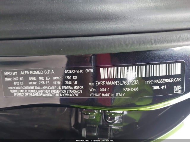 2020 ALFA ROMEO GIULIA ZARFAMAN3L7637233 Photo 8