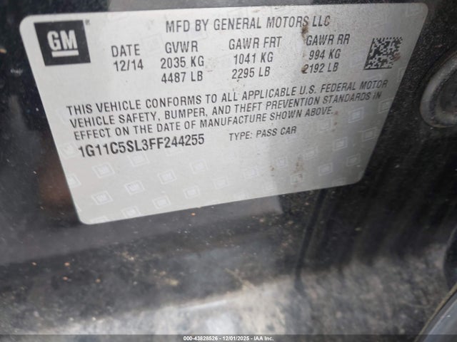Продажа на аукционе авто 2015 Chevrolet Malibu 1lt, vin: 1G11C5SL3FF244255, номер лота: 43828526