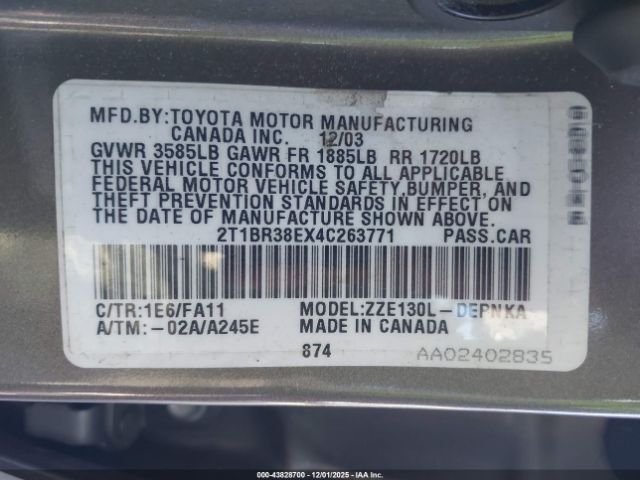 2004 TOYOTA COROLLA 2T1BR38EX4C263771 Photo 8