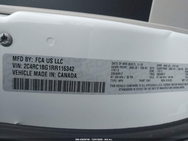 43828748 :رقم المزاد ، 2C4RC1BG1RR116342 vin ، 2024 Chrysler Pacifica Touring L مزاد بيع