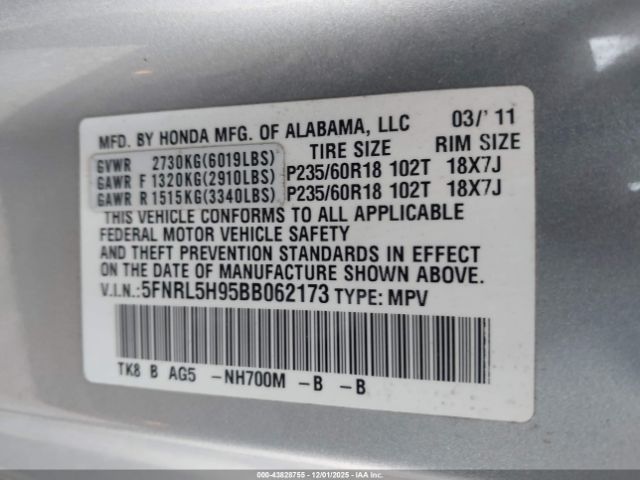 2011 HONDA ODYSSEY 5FNRL5H95BB062173 Photo 8
