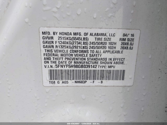 2016 HONDA PILOT 5FNYF5H98GB039142 Photo 8