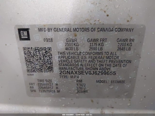 Aukcja sprzedaży 2018 Chevrolet Equinox Lt, vin: 2GNAXSEV6J6299655, numer aukcji: 43828991