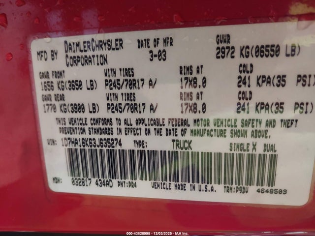 Aukcja sprzedaży 2003 Dodge Ram 1500 St, vin: 1D7HA16K63J635274, numer aukcji: 43828995