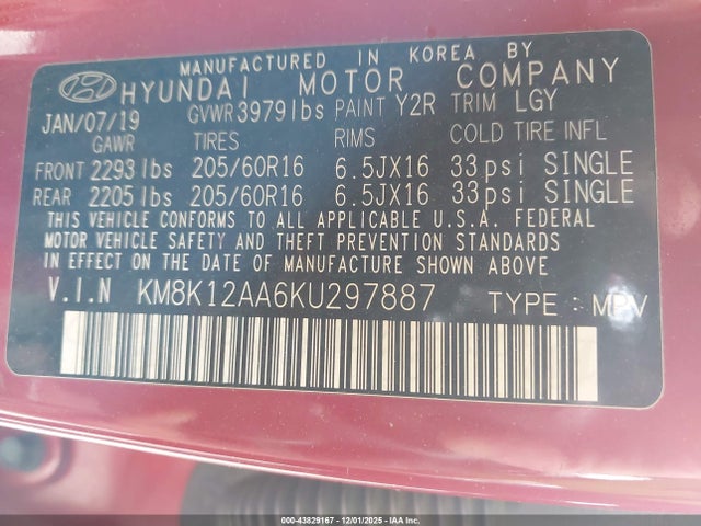 Продажа на аукционе авто 2019 Hyundai Kona Se, vin: KM8K12AA6KU297887, номер лота: 43829167