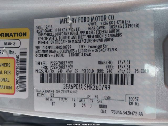 2017 FORD FUSION HYBRID 3FA6P0LU3HR260799 Photo 8