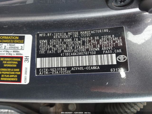 2008 TOYOTA CAMRY 4T1BE46K28U767150 Photo 8