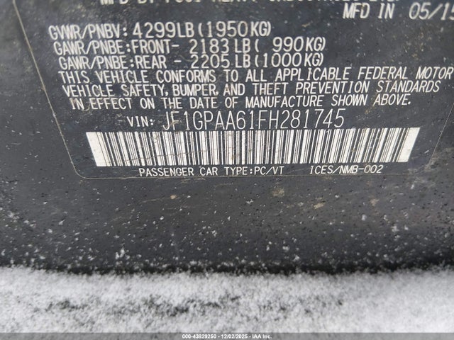 Aukcja sprzedaży 2015 Subaru Impreza 2.0i, vin: JF1GPAA61FH281745, numer aukcji: 43829250