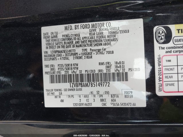 2011 FORD MUSTANG 1ZVBP8AM7B5149772 Photo 8