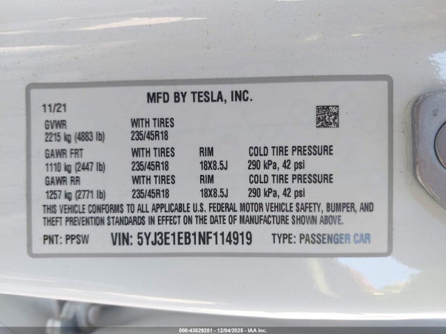 2022 TESLA MODEL 3 5YJ3E1EB1NF114919 Photo 8