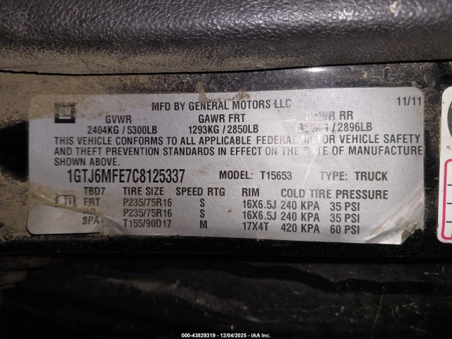 43829319 :رقم المزاد ، 1GTJ6MFE7C8125337 vin ، 2012 Gmc Canyon Sle1 مزاد بيع