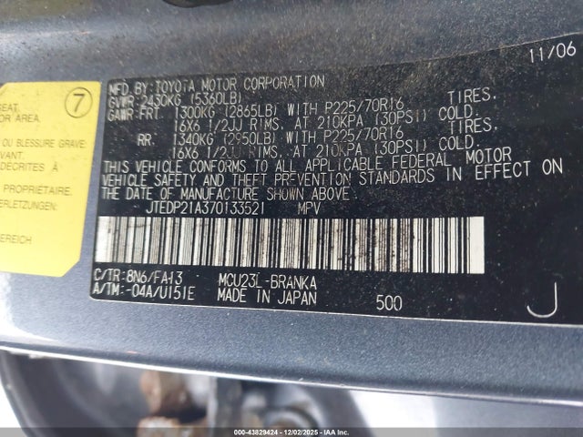 Aukcja sprzedaży 2007 Toyota Highlander 3rd Row, vin: JTEDP21A370133521, numer aukcji: 43829424