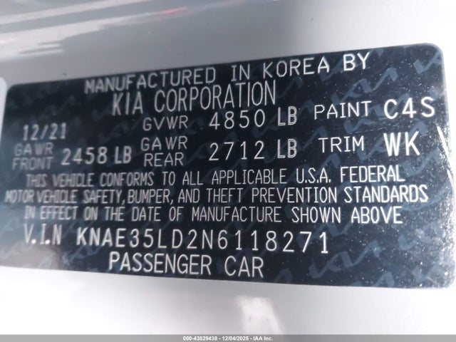 Продаж на аукціоні авто 2022 Kia Stinger Gt-line, vin: KNAE35LD2N6118271, номер лоту: 43829438