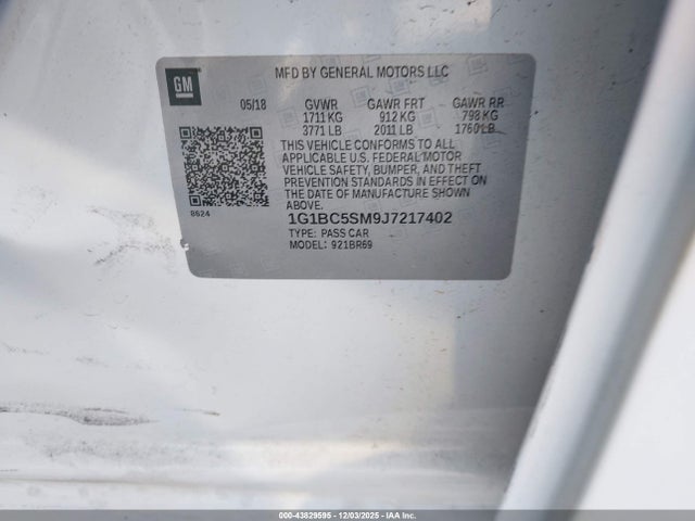 Auction sale of the 2018 Chevrolet Cruze Ls Auto, vin: 1G1BC5SM9J7217402, lot number: 43829595