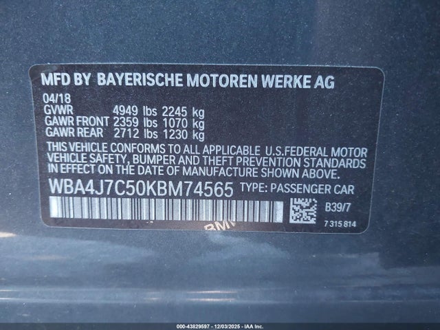 Aukcja sprzedaży 2019 Bmw 440i Gran Coupe Xdrive, vin: WBA4J7C50KBM74565, numer aukcji: 43829597