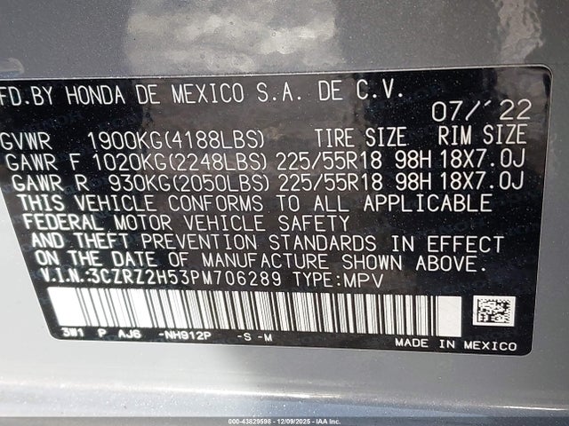 3CZRZ2H53PM706289 Honda Hr-v Awd Sport