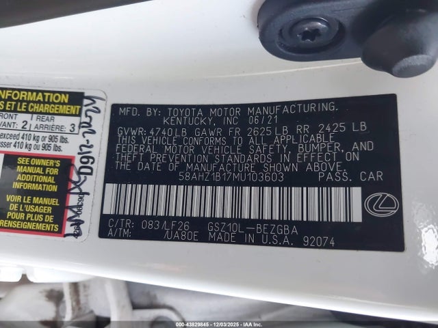 Aukcja sprzedaży 2021 Lexus Es 350 F Sport, vin: 58AHZ1B17MU103603, numer aukcji: 43829845