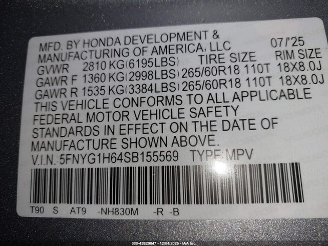 Aukcja sprzedaży 2025 Honda Pilot Trailsport, vin: 5FNYG1H64SB155569, numer aukcji: 43829847