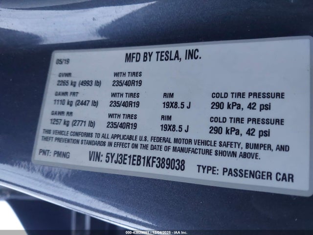 2019 TESLA MODEL 3 5YJ3E1EB1KF389038 Photo 8