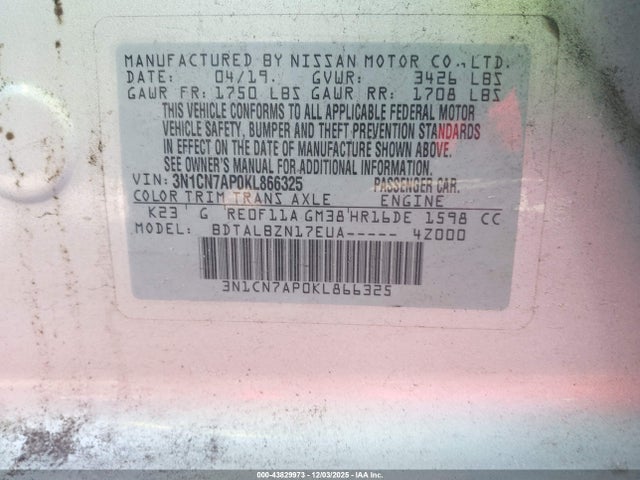 43829973 :رقم المزاد ، 3N1CN7AP0KL866325 vin ، 2019 Nissan Versa 1.6 Sv مزاد بيع