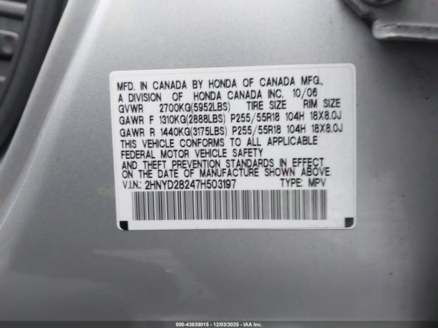 Aukcja sprzedaży 2007 Acura Mdx, vin: 2HNYD28247H503197, numer aukcji: 43830015