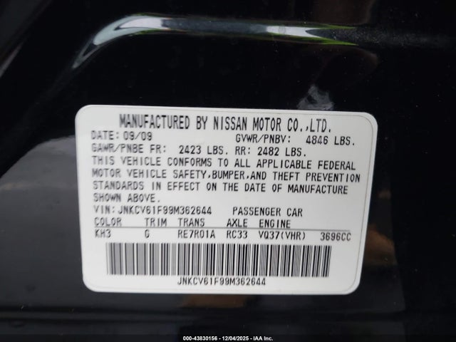 2009 Infiniti G37x მანქანა იყიდება აუქციონზე, vin: JNKCV61F99M362644, აუქციონის ნომერი: 43830156