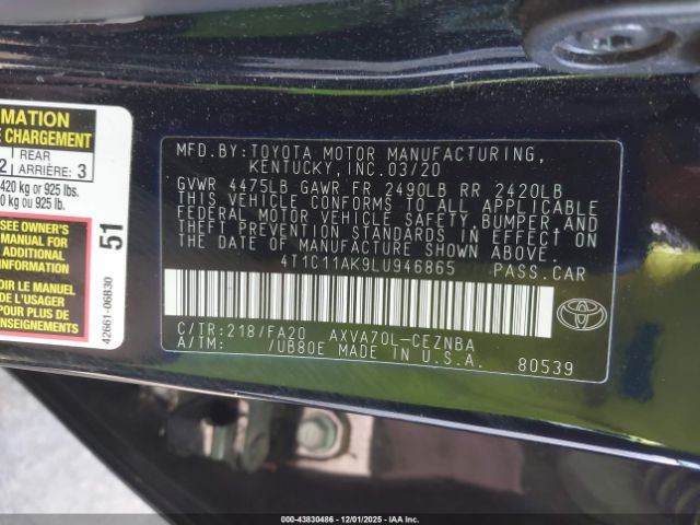 2020 TOYOTA CAMRY 4T1C11AK9LU946865 Photo 8