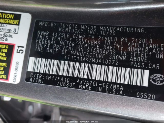 2021 TOYOTA CAMRY 4T1C11AK7MU410272 Photo 8