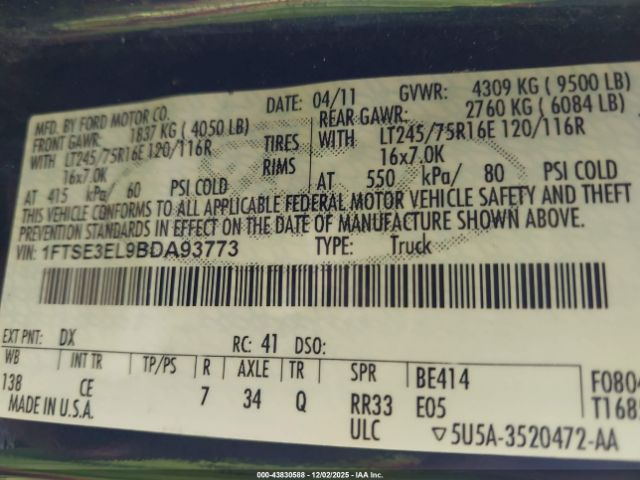 2011 FORD E-350 SUPER DUTY 1FTSE3EL9BDA93773 Photo 8