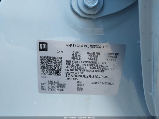 43830668 :رقم المزاد ، 1GKB0NDE2RU104964 vin ، 2024 Gmc Hummer Ev Suv 2x مزاد بيع