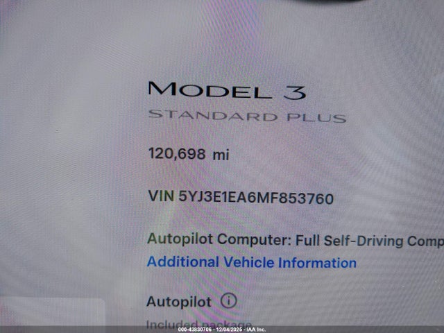 5YJ3E1EA6MF853760 Tesla Model 3 Standard Range Plus Rear-wheel Drive