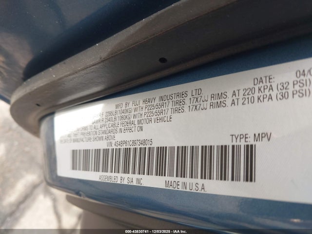 2009 Subaru Outback 2.5i მანქანა იყიდება აუქციონზე, vin: 4S4BP61C897348015, აუქციონის ნომერი: 43830741