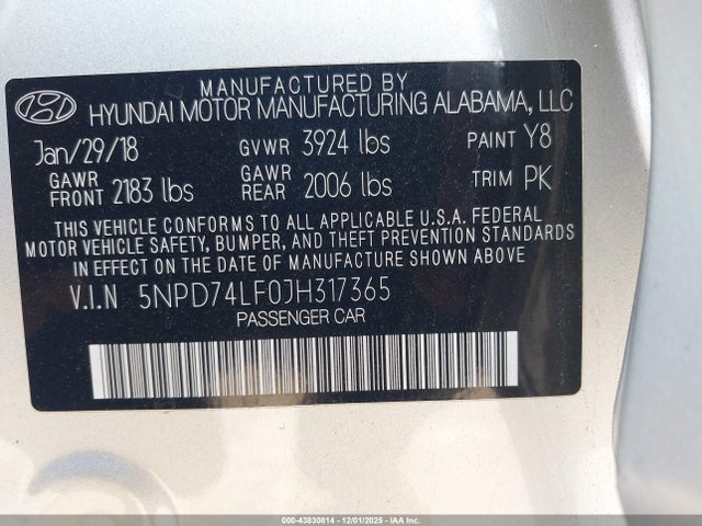 5NPD74LF0JH317365 Hyundai ELANTRA SE
