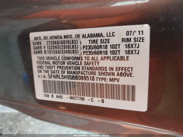 2011 HONDA ODYSSEY 5FNRL5H95BB089518 Photo 8