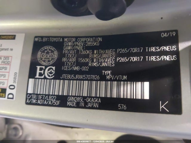 JTEBU5JRXK5707826 Toyota 4RUNNER SR5