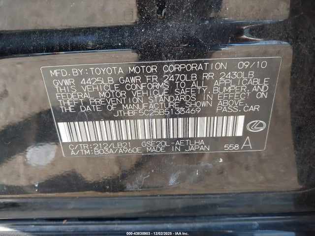Aukcja sprzedaży 2011 Lexus Is 250, vin: JTHBF5C25B5133469, numer aukcji: 43830903