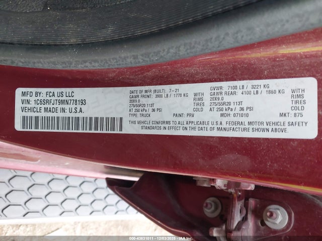 Продаж на аукціоні авто 2021 Ram 1500 Laramie  4x4 5'7 Box, vin: 1C6SRFJT9MN778193, номер лоту: 43831011