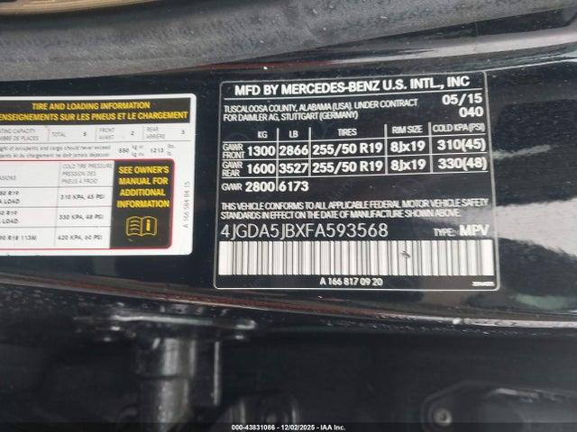 Продажа на аукционе авто 2015 Mercedes-benz Ml 350, vin: 4JGDA5JBXFA593568, номер лота: 43831086