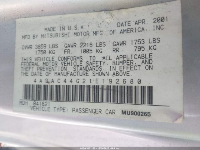 2001 MITSUBISHI ECLIPSE 4A3AC44G21E192680 Photo 8