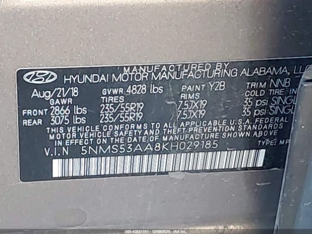2019 HYUNDAI SANTA FE 5NMS53AA8KH029185 Photo 8