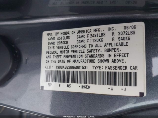 2006 ACURA TL 19UUA66266A061531 Photo 8