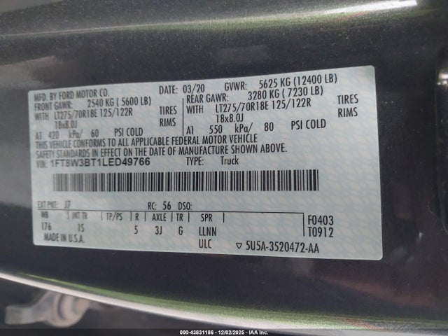 43831186 :رقم المزاد ، 1FT8W3BT1LED49766 vin ، 2020 Ford F-350 Xl مزاد بيع