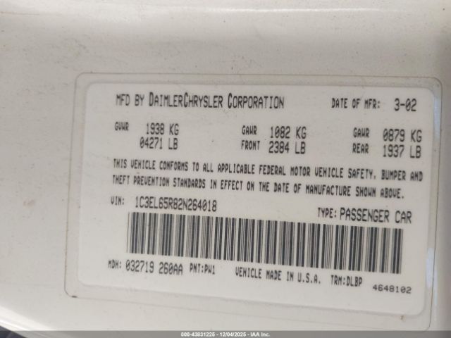 2002 CHRYSLER SEBRING 1C3EL65R82N264018 Photo 8