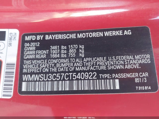 2012 MINI COOPER WMWSU3C57CT540922 Photo 8