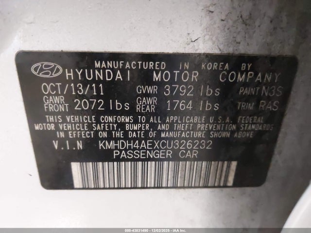 Auction sale of the 2012 Hyundai Elantra Gls (ulsan Plant), vin: KMHDH4AEXCU326232, lot number: 43831490